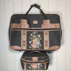 Floral Embroidered Black and Brown Travel Bag Set